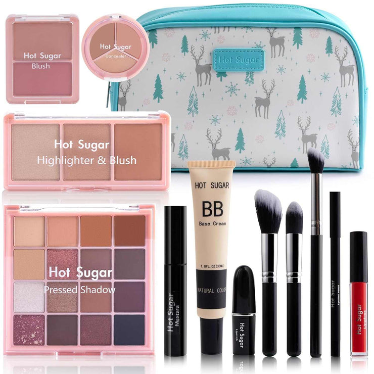 Travel makeup kit all-in-one with blush, highlighter, pressed shadows, BB cream, brushes, and pink cosmetic bag