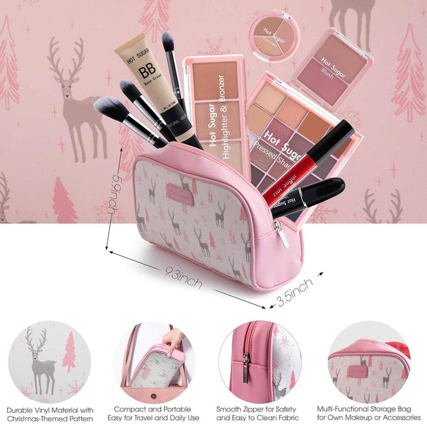 Travel makeup kit all-in-one with pink deer pattern bag including brushes, eyeshadow, blush, lipsticks, and BB cream.