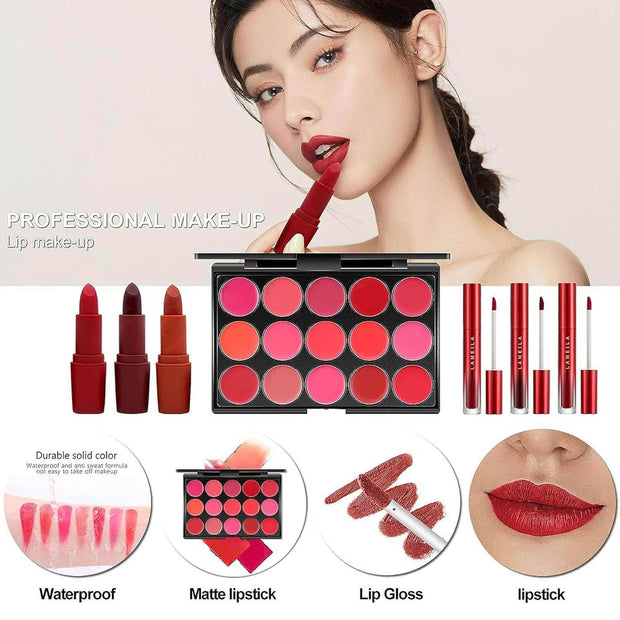 All In One Makeup Set with waterproof matte lipstick, lip gloss, and vibrant lip colors for professional makeup looks