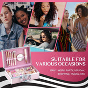 Pink girls makeup kit with eyeshadow, lip gloss, blush, and brushes in a portable train case for teens and beginners