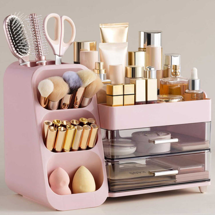 Makeup Organizer with Brush Holder for Vanity, Large Plastic Bathroom Countertop Organizer Skin Care Storage, Easy to Store Lipsticks, Nail Polishes, Perfumes, Eyeshadow Palettes, All White