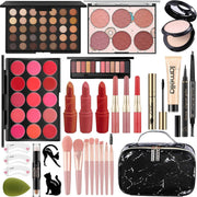 All In One Makeup Set with eyeshadows, lipsticks, brushes, blush, highlighter, eyeliners, and makeup bag