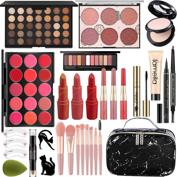 All In One Makeup Set with eyeshadows, lipsticks, brushes, blush, highlighter, eyeliners, and makeup bag