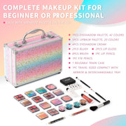 Makeup Kit for Teen Girls with eyeshadow palettes, lip balms, blush, lip gloss, brushes, pencils, mirror in rainbow train case