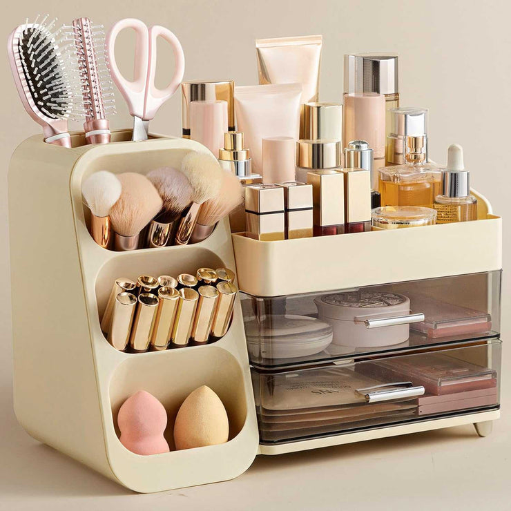 Makeup Organizer with Brush Holder for Vanity, Large Plastic Bathroom Countertop Organizer Skin Care Storage, Easy to Store Lipsticks, Nail Polishes, Perfumes, Eyeshadow Palettes, All White