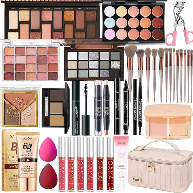 all-in-one makeup kit with eyeshadow palettes, lipsticks, eyeliners, eyebrow pencils, makeup brushes, sponges, eyelash curlers, BB cream, and a travel case
