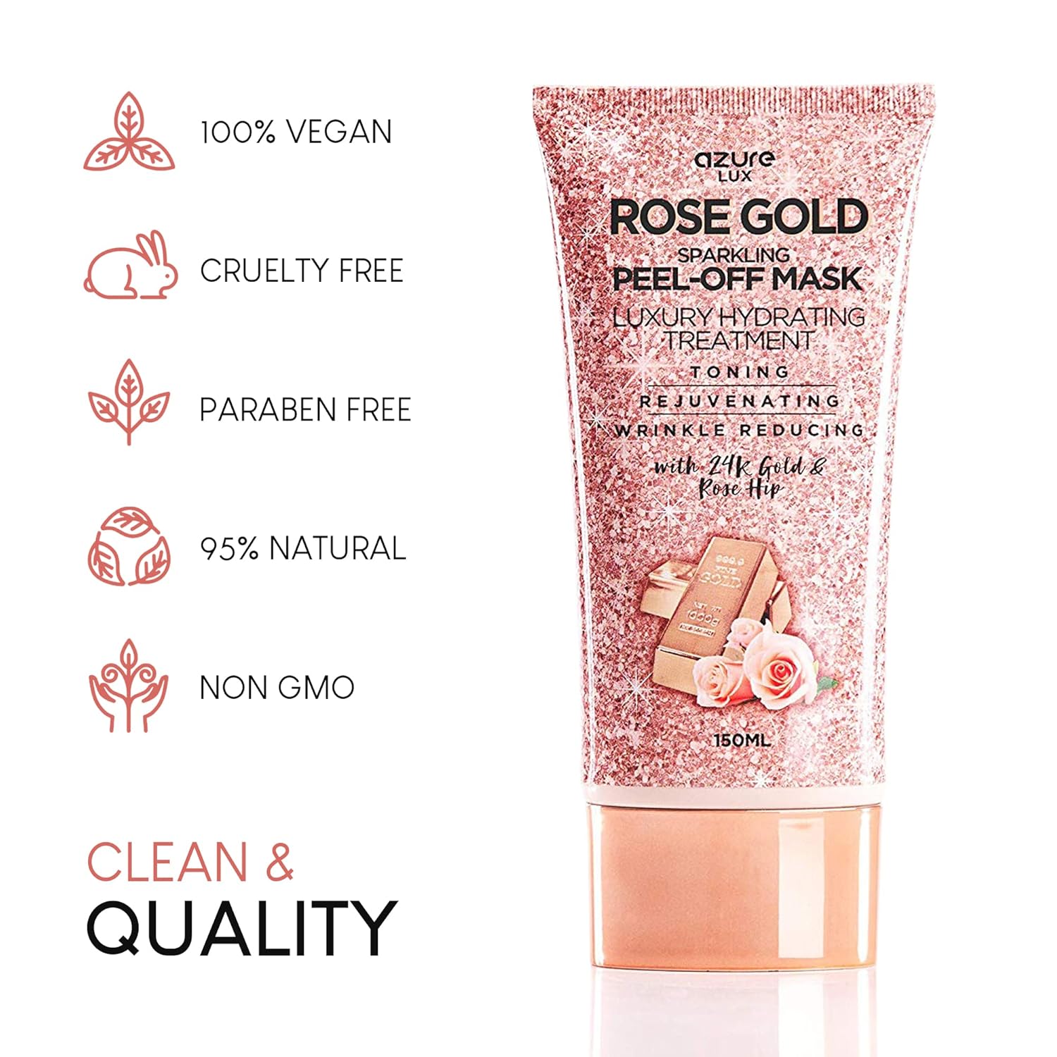 Rose Gold Peel-Off Mask tube with glittery rose gold packaging and benefits icons for vegan, cruelty-free, paraben-free, 95% natural, and non-GMO skincare