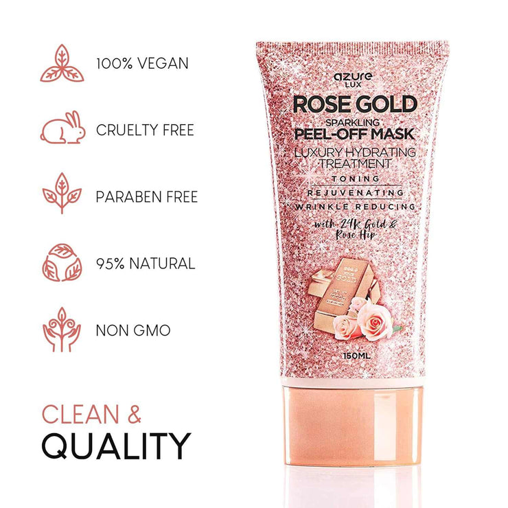Rose Gold Peel-Off Mask tube with glittery rose gold packaging and benefits icons for vegan, cruelty-free, paraben-free, 95% natural, and non-GMO skincare