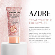Rose Gold Peel-Off Mask tube with sparkling rose gold packaging and floral accents on white pedestal against glittery pink background