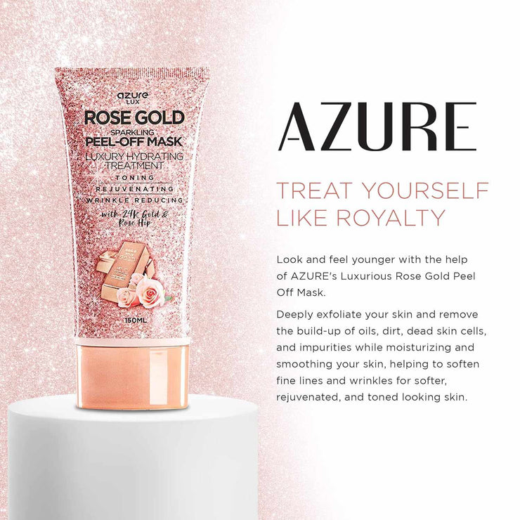 Rose Gold Peel-Off Mask tube with sparkling rose gold packaging and floral accents on white pedestal against glittery pink background