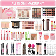 All-in-One Makeup Kit with eyeshadow palettes, foundation, concealer, lipsticks, mascara, eyeliner, brushes, and skincare essentials for women and teens