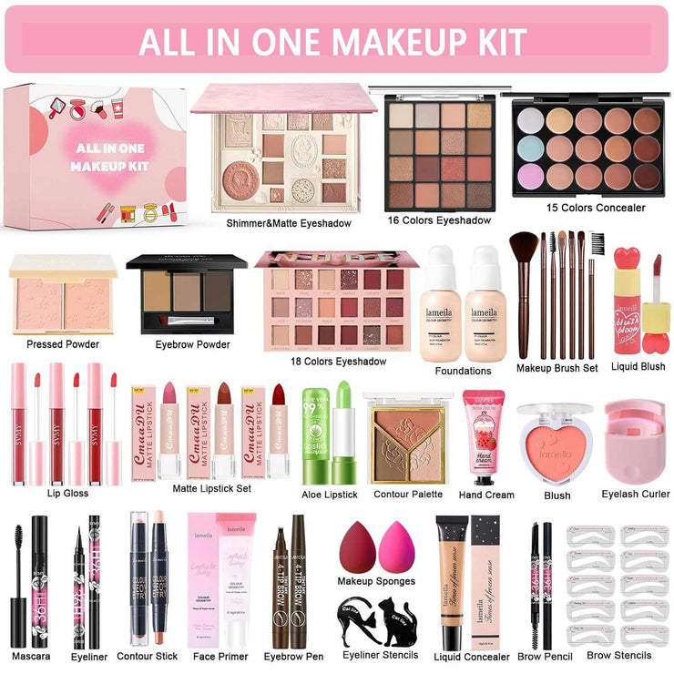 All-in-One Makeup Kit with eyeshadow palettes, foundation, concealer, lipsticks, mascara, eyeliner, brushes, and skincare essentials for women and teens