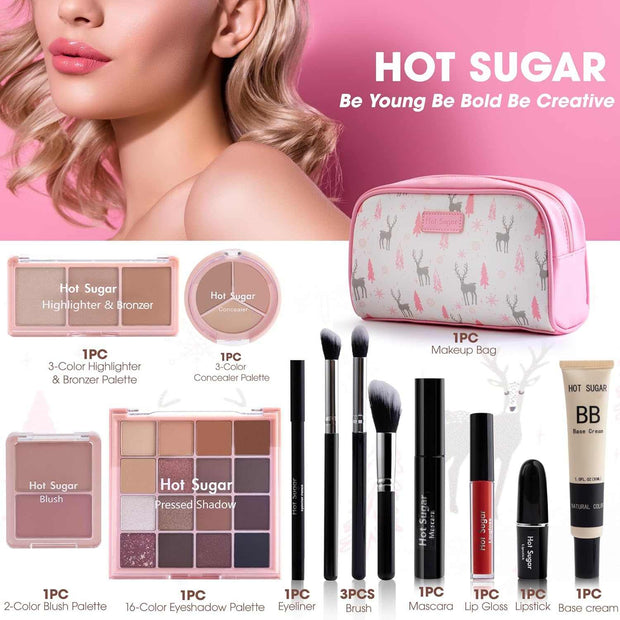 Travel makeup kit all-in-one with pink cosmetic bag, eyeshadows, blush, foundation, lipsticks, and brushes for women on the go