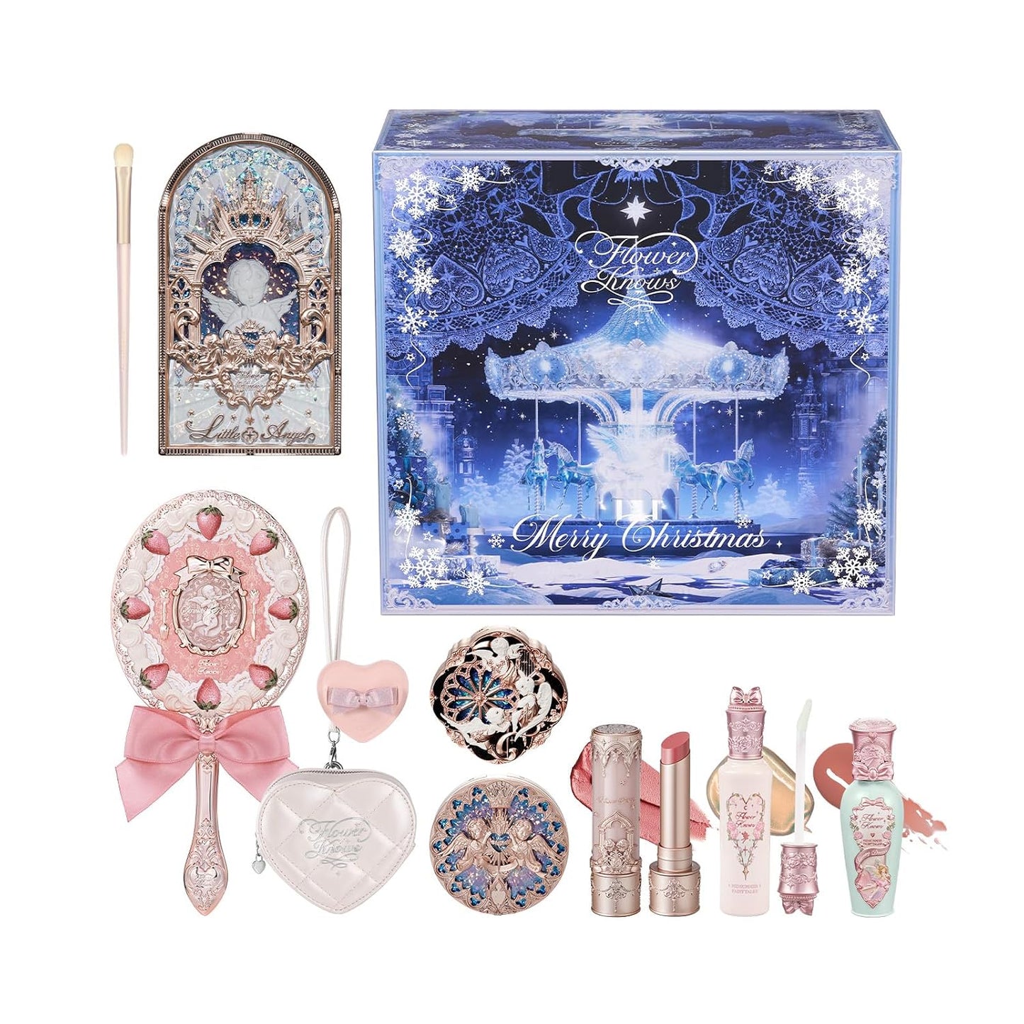 Cake Charm Set,Strawberry Cupid 12-Piece Makeup Gift Box Set,Lip Cream+Liquid Blush+Makeup Palette+Hand Mirror+Solid Perfume+Hair Clip+Cushion Powder Puff+Eyeshadow Brush+Gift Box