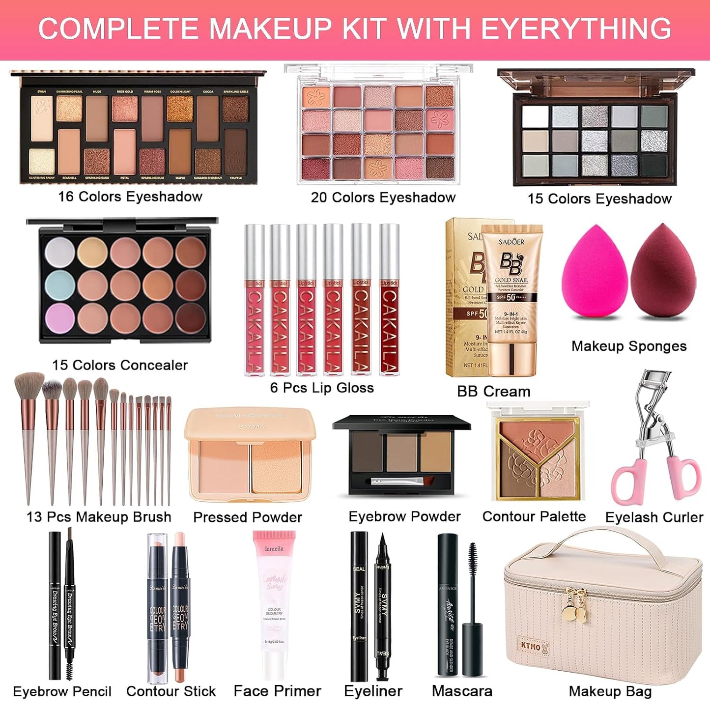 All-in-One Makeup Kit with eyeshadow palettes, lip glosses, concealers, brushes, eyebrow and contour products, eyelash curler, and makeup bag for travel and beginners