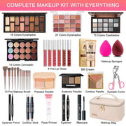 All-in-One Makeup Kit with eyeshadow palettes, lip glosses, concealers, brushes, eyebrow and contour products, eyelash curler, and makeup bag for travel and beginners