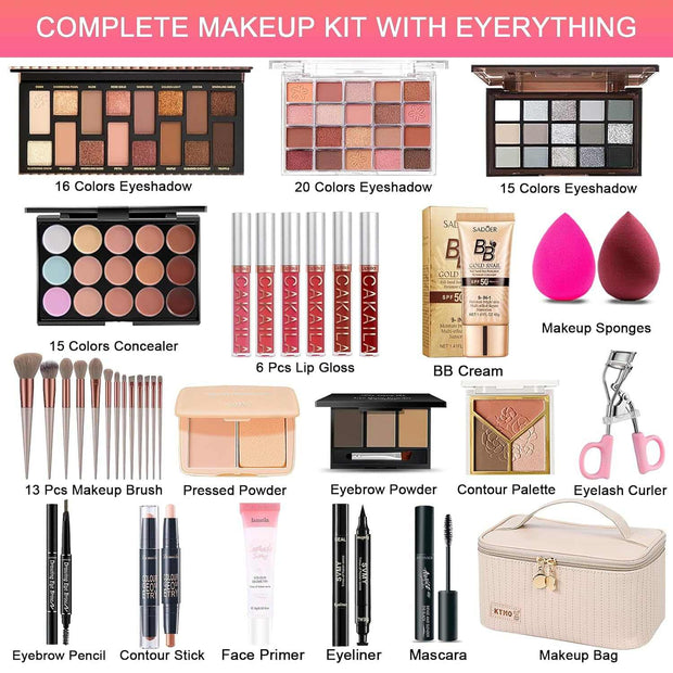 All-in-One Makeup Kit with eyeshadow palettes, lip glosses, concealers, brushes, eyebrow and contour products, eyelash curler, and makeup bag for travel and beginners