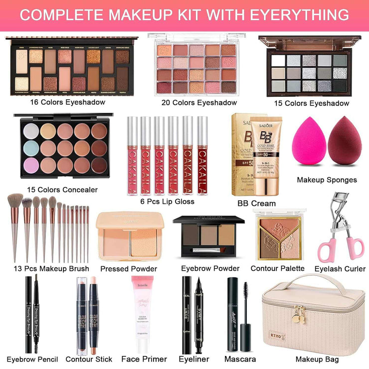 All-in-One Makeup Kit with eyeshadow palettes, lip glosses, concealers, brushes, eyebrow and contour products, eyelash curler, and makeup bag for travel and beginners
