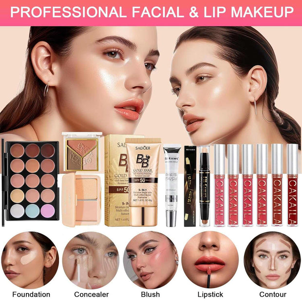 All-in-One Makeup Kit with eyeshadow, lipstick, eyeliner, eyebrow pencil, and brush set for women and teens, perfect for travel and beginners