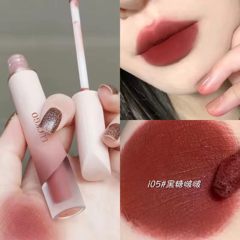 Crema de Lápiz Labial Mate de Terciopelo – Tinte de Labios Rojo Sexy, Hidratante, Brillo de Larga Duración, Maquillaje Impermeable, Cosméticos Coreanos, 6 Colores