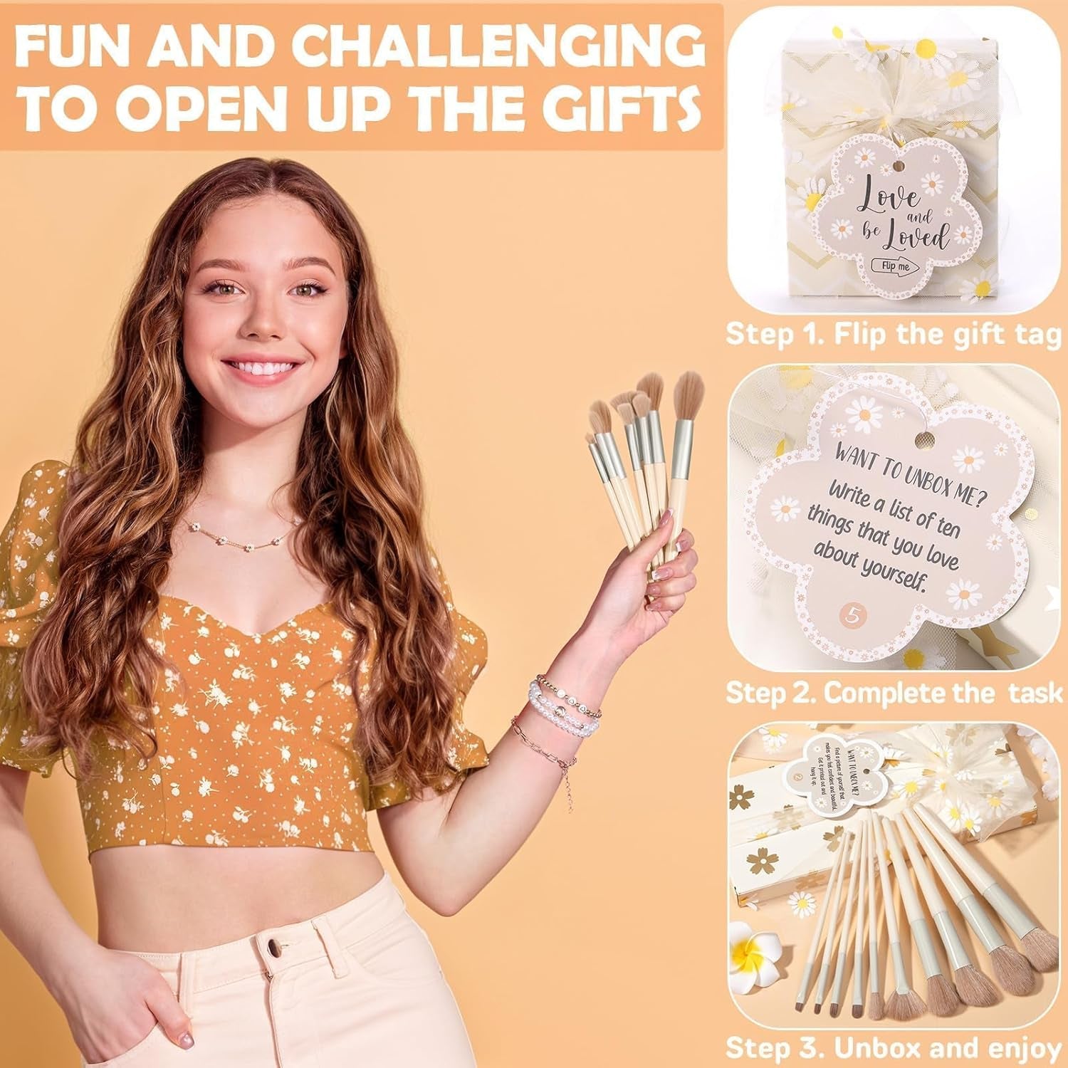 Easter Basket Gifts for Tween & Teen Girls, 8 PCS Birthday Gift Teenage Girl Gifts Trendy Stuff W/Fun Task Tag Makeup Brushes & Bag, Empower Positive Wrapped Gift Prefilled Stuffers for Daughter Niece
