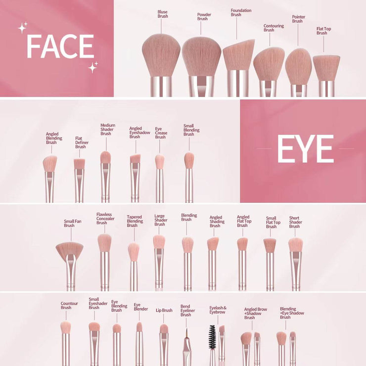 Professional makeup tools kit with 30 brushes for face and eye, including foundation, powder, contouring, blending, and eyebrow brushes, designed for precise and flawless makeup application.