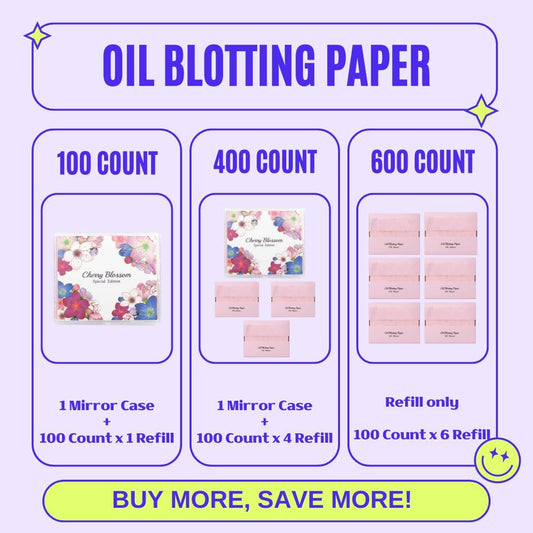 [100 Counts + Mirror Case] Cherry Blossom Natural Oil Blotting Paper for Face Korean with Mirror Case
