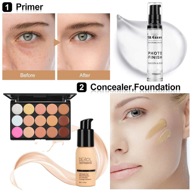 Makeup set for teens and adults with primer, concealer, foundation, and eyeshadow palette for flawless skin and coverage