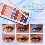Makeup kit for teen girls with 9-color eyeshadow palette and brush showcasing vibrant eye makeup looks