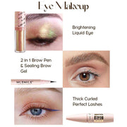 Makeup gift set with lipstick, contour, highlighter, eyeshadow, eyebrow pencil, foundation, mascara, and hair tie in stylish bag