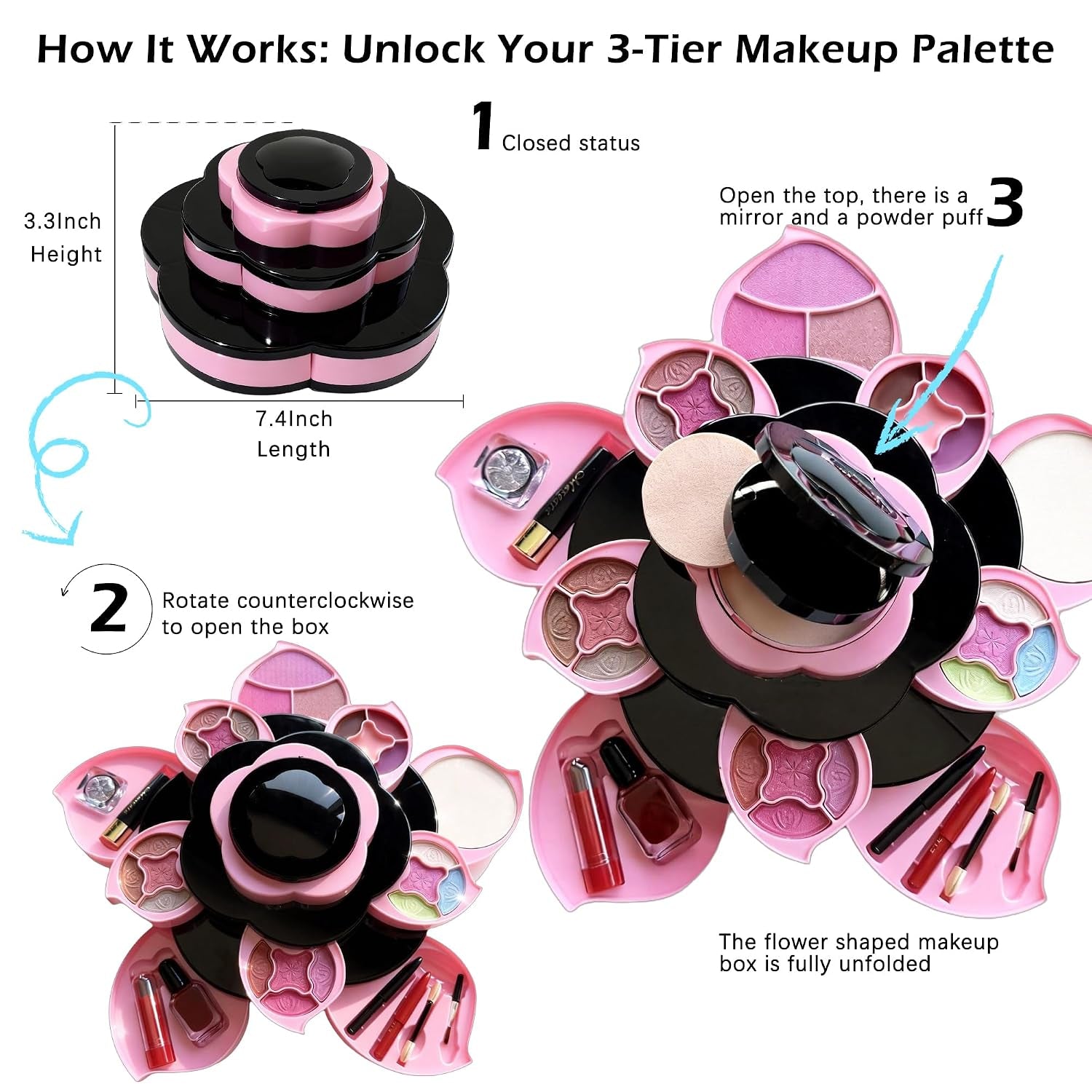 Flower Makeup Kit for Girls - Complete All-In-One Makeup Kit for Teens and Women with 3 Tier Flower Case, 16 Eyeshadows, Lipstick, Blush, Glitter Gift Set - Full Starter Kit for Beginners