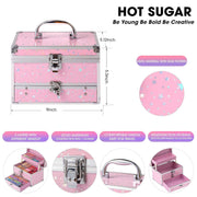 Portable pink makeup kit for teens with star pattern train case and multiple compartments