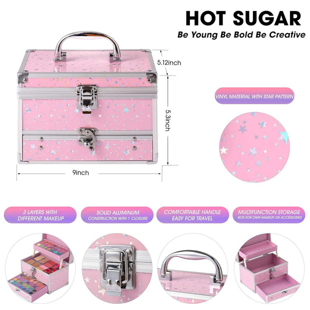 Portable pink makeup kit for teens with star pattern train case and multiple compartments