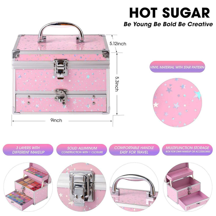 Portable pink makeup kit for teens with star pattern train case and multiple compartments