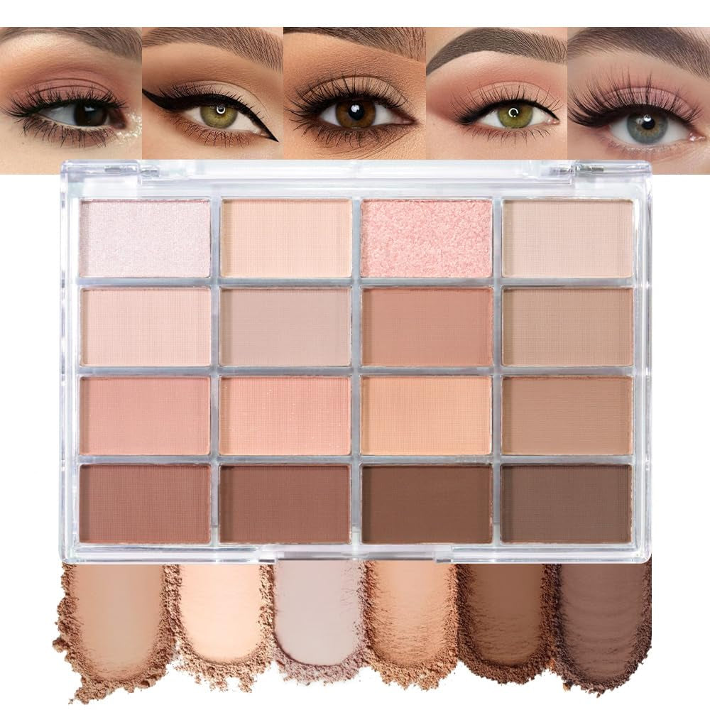 16 Colors Nude Brown Eyeshadow Palette – Matte & Shimmer Finishes – Warm Caramel, Mocha, Champagne & Taupe Tones Eye Shadow – Highly Pigmented Neutral Eye Makeup Palette for Woman