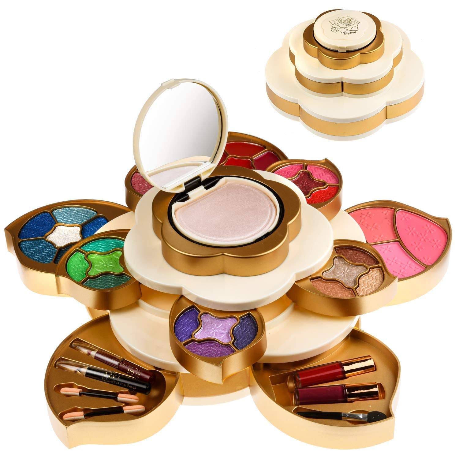 All in One Makeup Kit for Teens and Women - Flower Makeup Set for Girls 10-12 - Pigmented Eyeshadows, Lip Creams, Blushes, Concealer and Mirror - Full Starter Makeup Gift Set for Beginners