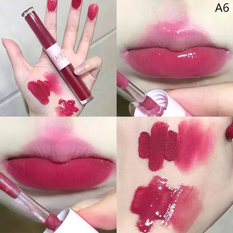 Brillo de labios de doble cabeza resistente al agua - Tinte mate de larga duración con acabado terciopelo y efecto sexy en color rojo