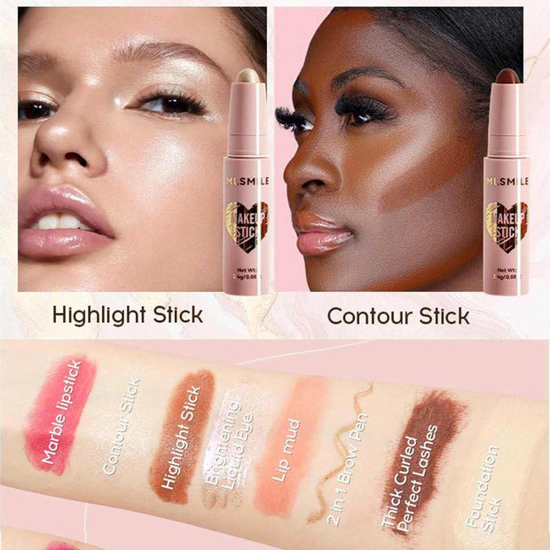 Makeup gift set featuring lipstick, contour, highlighter sticks with swatches on diverse skin tones