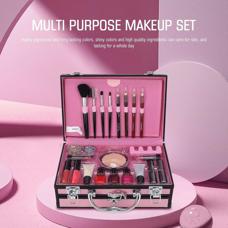 Full makeup kit with brushes, lipsticks, nail polish, and compact in a portable black case for professional and daily use