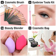 Makeup set for teens and adults with cosmetic brushes, eyebrow tools, beauty blenders, and portable cosmetic bag for travel and daily use