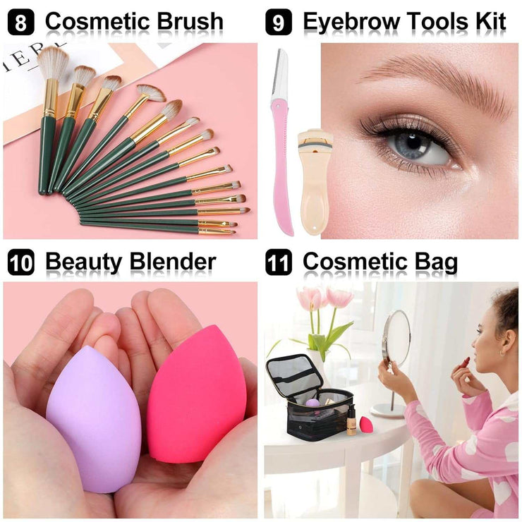 Makeup set for teens and adults with cosmetic brushes, eyebrow tools, beauty blenders, and portable cosmetic bag for travel and daily use