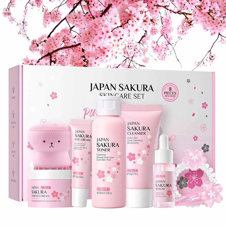 Skin Care Set Sakura Beauty Gift Sets Skin Care Kit for Teenage Girls - Cleanser, Toner, Lotion, Serum, Eye Cream, Face Cream, Travel Kit for Women Kids (8Pcs)