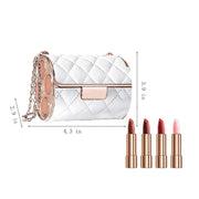 White quilted leather chain pouch with four velvet matte lipsticks in rose gold tubes, waterproof and long-lasting set
