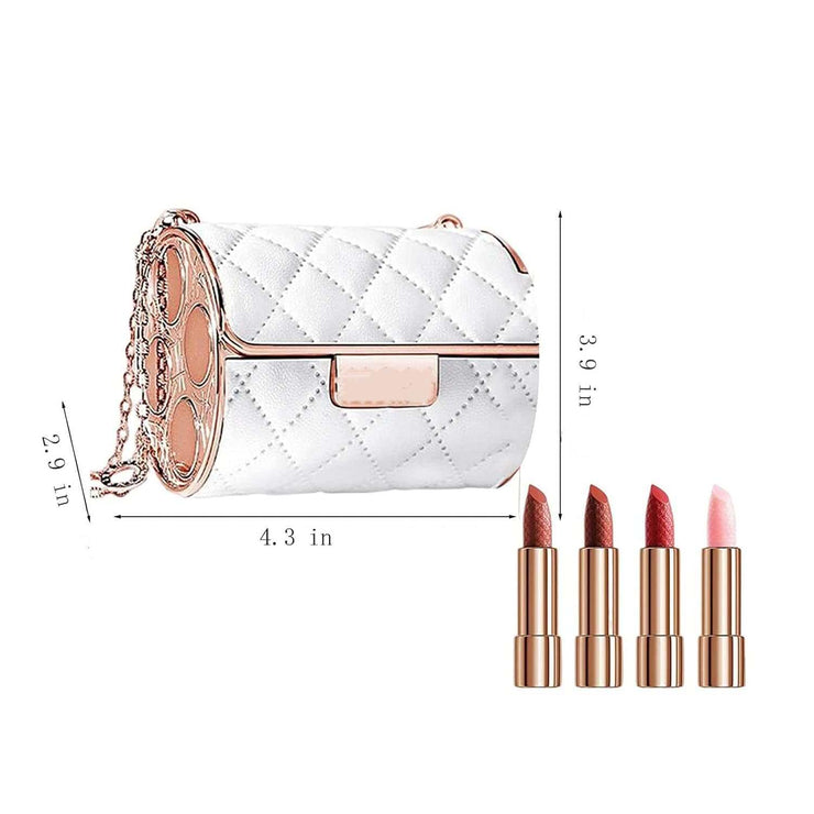 White quilted leather chain pouch with four velvet matte lipsticks in rose gold tubes, waterproof and long-lasting set
