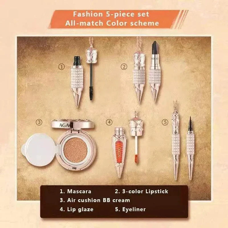 Queen'S Scepter Color Makeup Set with mascara, 3-color lipstick, air cushion BB cream, lip glaze, and eyeliner in elegant royal packaging