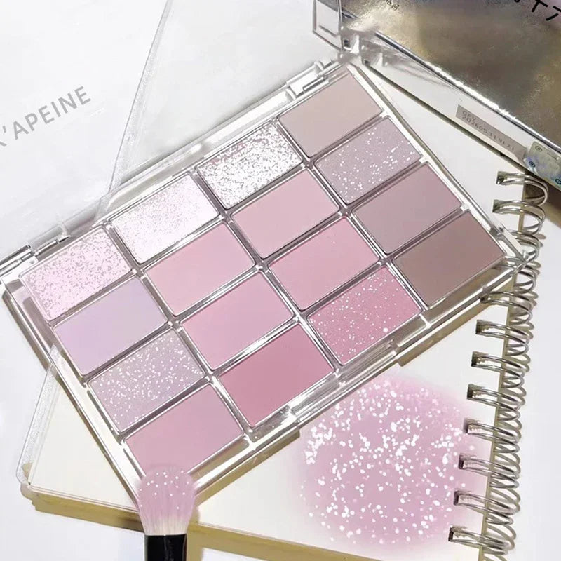 Paleta de Sombra de Ojos de 16 Colores – Purpurina Mate Nacarado Rosa de Baja Saturación, Maquillaje de Ojos de Larga Duración