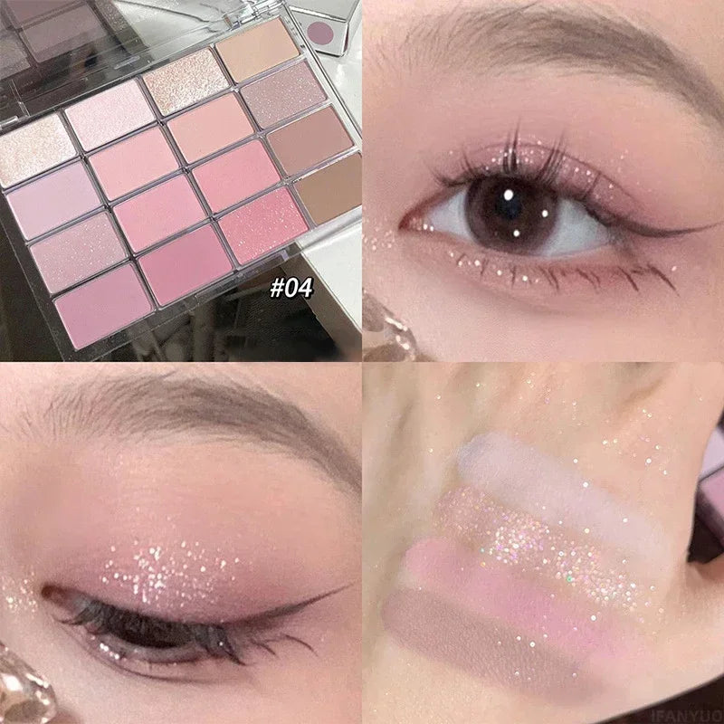 Paleta de Sombra de Ojos de 16 Colores – Purpurina Mate Nacarado Rosa de Baja Saturación, Maquillaje de Ojos de Larga Duración