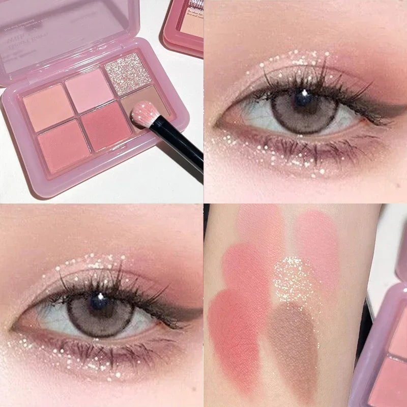 Paleta de Sombra de Ojos con Purpurina Transparente Rosa – 4 Colores: Mate, Naranja, Marrón Brillante, Cosmética Duradera para Niñas