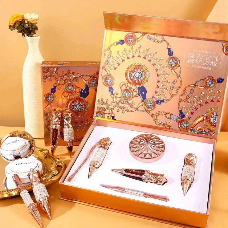 Queen'S Scepter Color Makeup Set with red lip glaze, air cushion BB cream, and black eyeliner pen in elegant gold packaging
