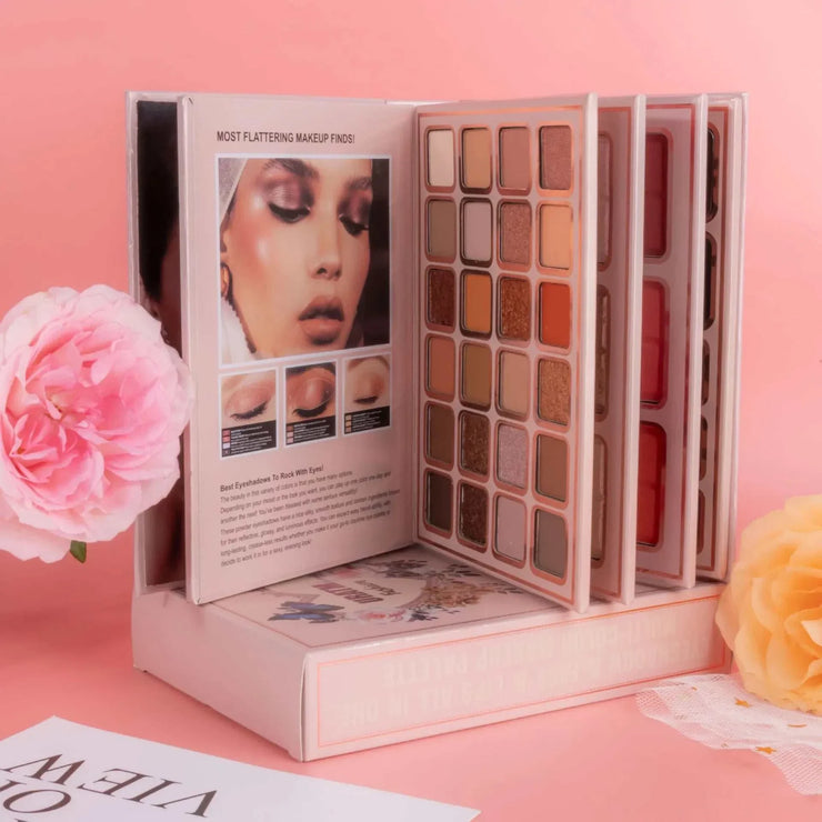 78-color comprehensive makeup palette with 5-layer book design for eyeshadow, blush, contour, and highlighter on pink background with flowers